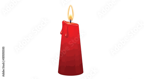 A single red wax candle with a lit flame dripping slightly