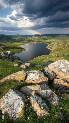 Serene Mountain Lake Surrounded by Lush Green Hills and Dramatic Sky