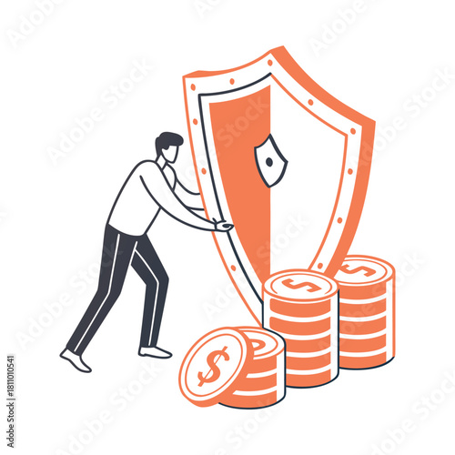 Man Pushing Large Shield Protecting Stacks of Coins and Paper Money Personal Financial Security Concept
