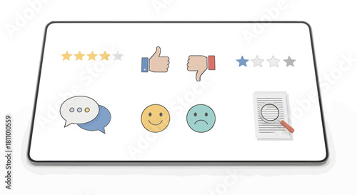 A collection of customer feedback icons for online reviews, star ratings, and user experience surveys displayed on a digital tablet