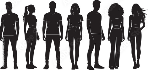 Diverse Group of Standing Young Adults Black Silhouettes Vector Isolated on White