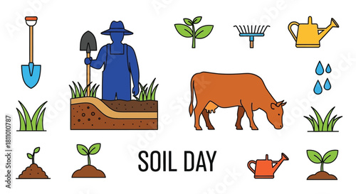 A colorful illustration of farming tools a farmer livestock and plants
