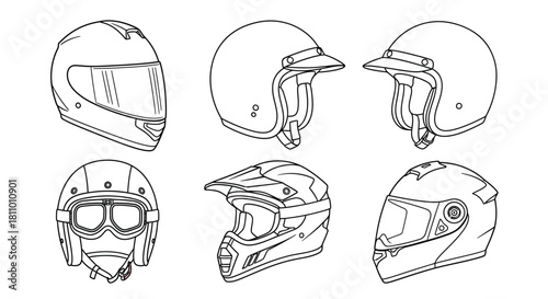 Line art illustration of various motorcycle and racing helmet designs