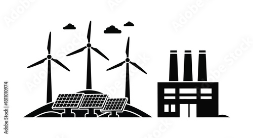 Wind turbines solar panels and factory buildings representing sustainable energy sources