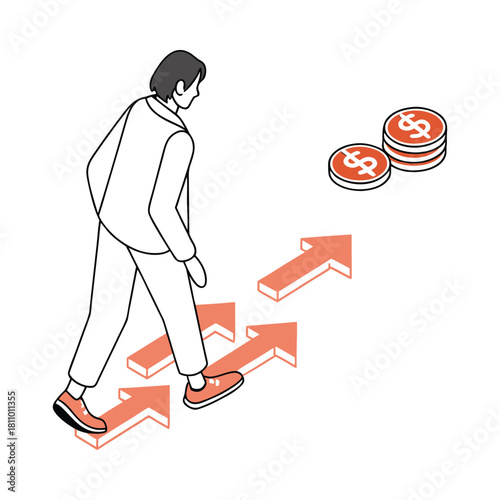 Person walking up ascending arrows towards stack of coins symbolizing financial growth and success