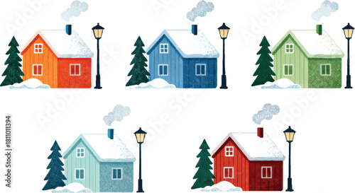 Nordic Christmas Village Textured Vector Collection, Houses, Winter Trees, Cars and Snowy Holiday Scenes