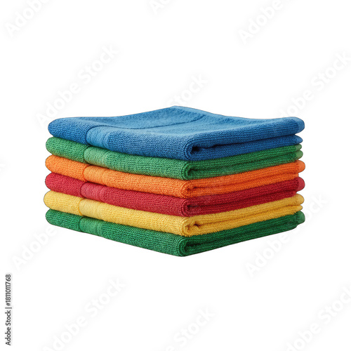 Stack of Six Microfiber Cleaning Cloths in Various Colors Including Blue Green Orange Red Yellow and Light Green on a Transparent Background Perfect for Household Chores and Professional Cleaning