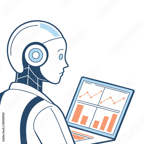 Robot analyzing financial data on laptop artificial intelligence for market predictions