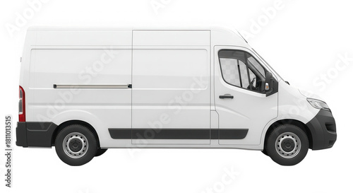 White commercial delivery van side view isolated on transparent background