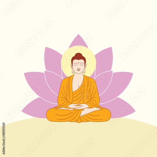 Meditating Buddha figure sits peacefully in the lotus position against a large pink lotus flower and radiant halo