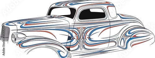 Classic car illustration with swirling ornamental design