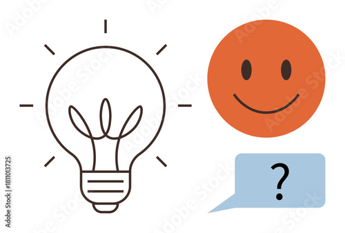 Lightbulb radiating light, orange happy face, and blue speech bubble with question mark. Ideal for creativity, innovation, problem-solving, communication, brainstorming, positivity inspiration