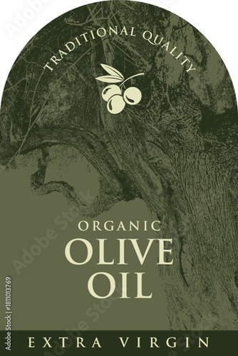 Vector design of olive or olive oil label with old olive tree and olives in vintage style. Logo, packaging design, sticker, banner. No AI used