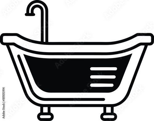 Classic clawfoot bathtub with shower faucet black vector line art illustration