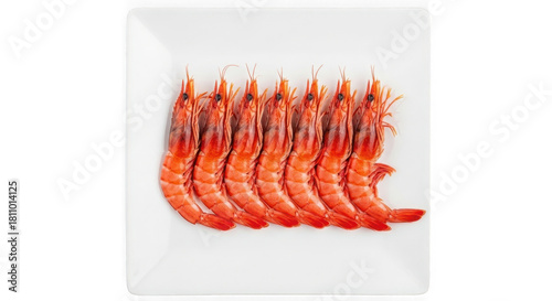 Cooked red shrimp on a white plate, top view isolated on transparent background
