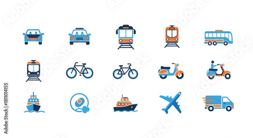 Collection of colorful flat icons representing various modes of transportation and vehicles for modern graphic design