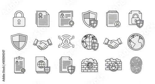 Digital security icons depicting protection, privacy, and data access, with global network connectivity and threat prevention