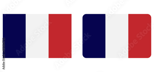 Flag of France. Flag icon in standard colour and size. Rectangular France flag. France flag in round and heart shapes. Vector illustrator.