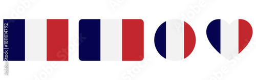 Flag of France. Flag icon in standard colour and size. Rectangular France flag. France flag in round and heart shapes. Vector illustrator.
