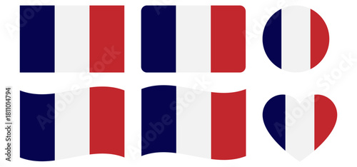  Flag of France. Flag icon in standard colour and size. Rectangular France flag. France flag in round and heart shapes. Vector illustrator.