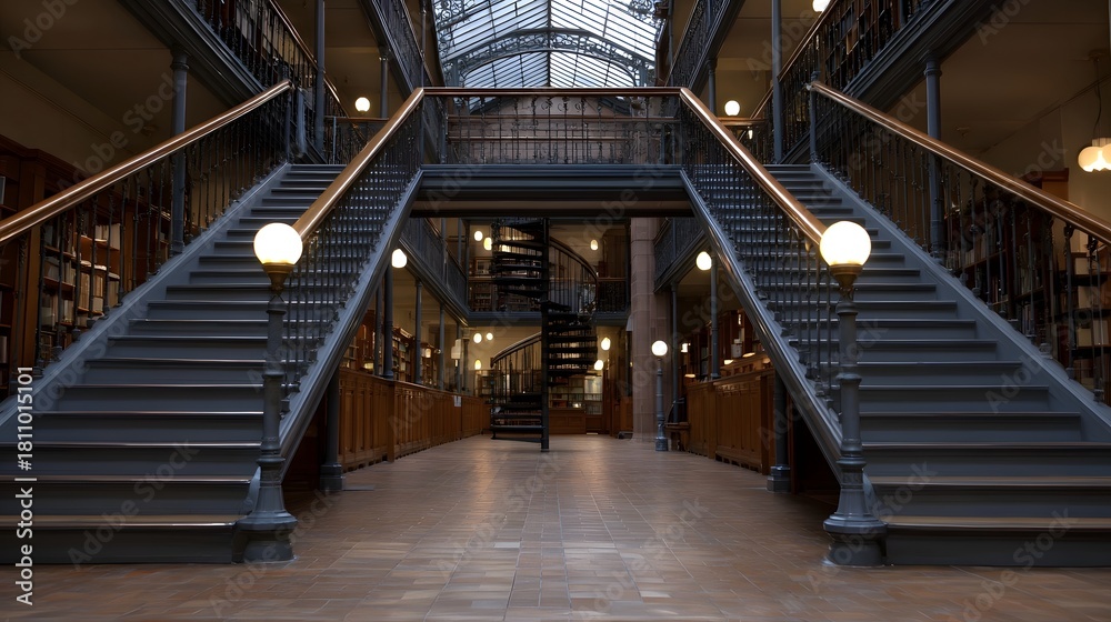 Obraz premium Grand library interior with dual staircases spiral staircase and extensive bookshelves under a glass ceiling