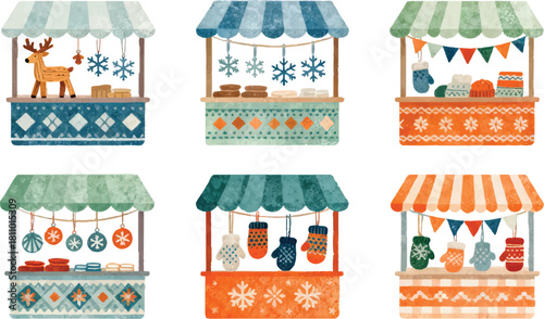 A detailed collection of 6 textured vector stickers depicting a Scandinavian winter craft market