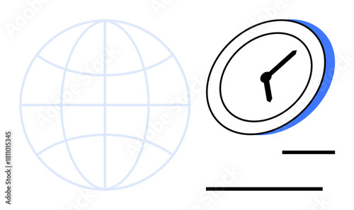 Globe outline and clock icon represent worldwide communication, time management, and international operations. Ideal for productivity, efficiency, planning, scheduling, globalization, remote work