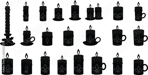 Black Candle Silhouette Icons Set, Featuring Lit Flames, Holly Berries, Mug Handles, Dripping Wax, and Different Heights for Holiday Decorations, Christmas, Winter, and Funeral Vector Illustrations.