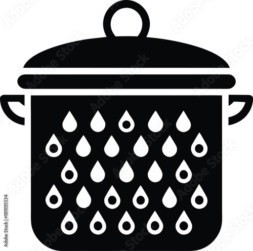 Colander pot with lid and water droplets over checkered background