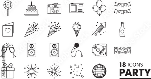 Simple line vector icon set for party, celebration, birthday, holiday, and entertainment design.