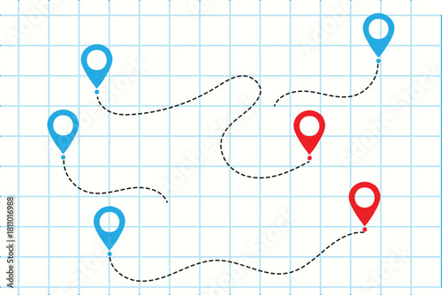 Navigational map pins showing route on grid paper background