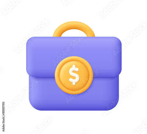 Purple business briefcase with dollar coin. Business, finance and investment concept. 3d vector icon. Cartoon minimal style.