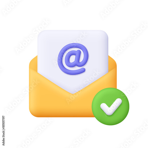 Open envelope with envelope with document showing an email at symbol and green check mark. Verified email, message sent and email confirmation concept. 3d vector icon. Cartoon minimal style.