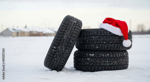 Stack of winter tires with a red Santa hat on white snow. Winter holiday season and car safety concept. Seasonal vehicle maintenance
