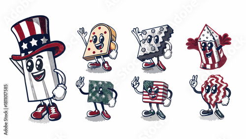 Celebrate Independence Day with these fun patriotic cartoon characters, perfect for event promotions and holiday designs