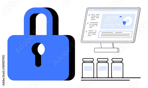 Large blue lock, computer monitor displaying analytics, and vials representing secure medical information. Ideal for cybersecurity, health data, privacy, encryption, safety, technology digital