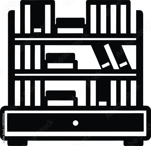 Bookshelf with books and drawer, home library furniture flat vector illustration