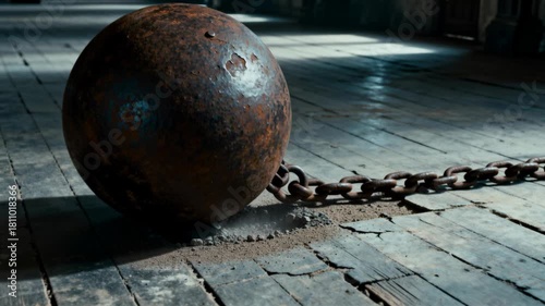 A rusty ball and chain is dragged heavily across a dusty wood floor.