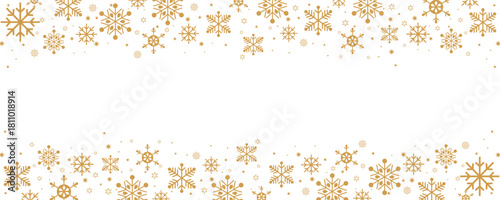 Horizontal Christmas and winter banner template featuring borders of scattered golden snowflakes and small stars on the top and bottom of a central white background.