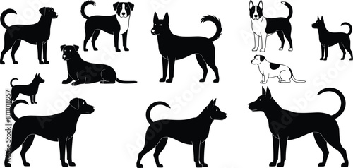 Black Dog Silhouettes and Icons Set, Various Breeds and Poses, Standing, Sitting, Running Pet Animals, Vector Illustration Collection for Veterinarian or Adoption.