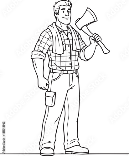Strong friendly lumberjack character in line art style wearing a plaid shirt and holding an axe.