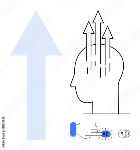 Digital advertising concept. Digital marketing with arrows growth and a click ad button monetization. For e-commerce, online strategy, SEO, targeting, analytics