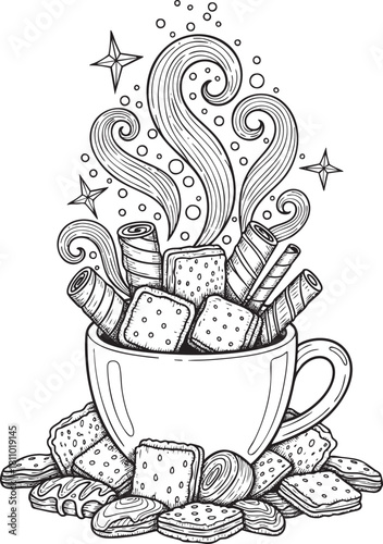 Whimsical line art of a steaming mug overflowing with marshmallows cookies and wafer rolls.