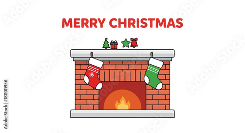 Brick fireplace with a burning fire and two Christmas stockings hanging