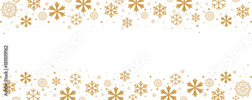 Horizontal Christmas and winter banner template featuring borders of scattered golden snowflakes and small stars on the top and bottom of a central white background.
