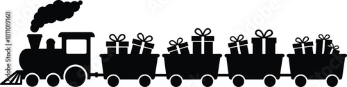 Black Silhouette Christmas Steam Train with Gift Boxes Carriages, Holiday Delivery and Celebration Symbol, Festive Vector Illustration, New Year Transportation Element.