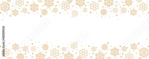 Horizontal Christmas and winter banner template featuring borders of scattered golden snowflakes and small stars on the top and bottom of a central white background.