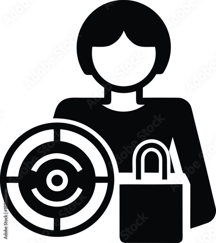 Customer target marketing with shopping bag and arrow icon, consumer research