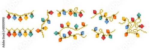 Pixel Christmas Lights game icon vector set. Retro computer 8 bit pixelated light string decoration