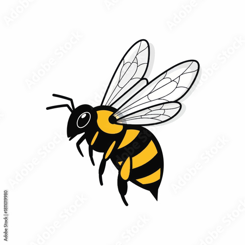 Cartoon bee flying with wings and black and yellow stripes on white background.